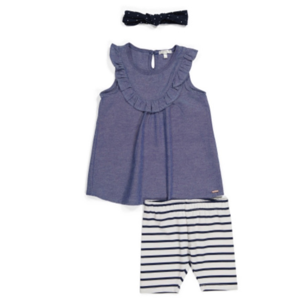 TAHARI Girl Little Kid 2PC Top & Bike Short Cotton Set with Headband Blue White
